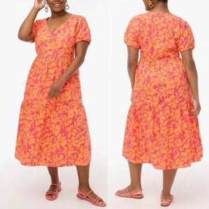 New J. Crew Pink Orange Floral Tiered V-Neck Midi Dress Puff Sleeves BR907 guava